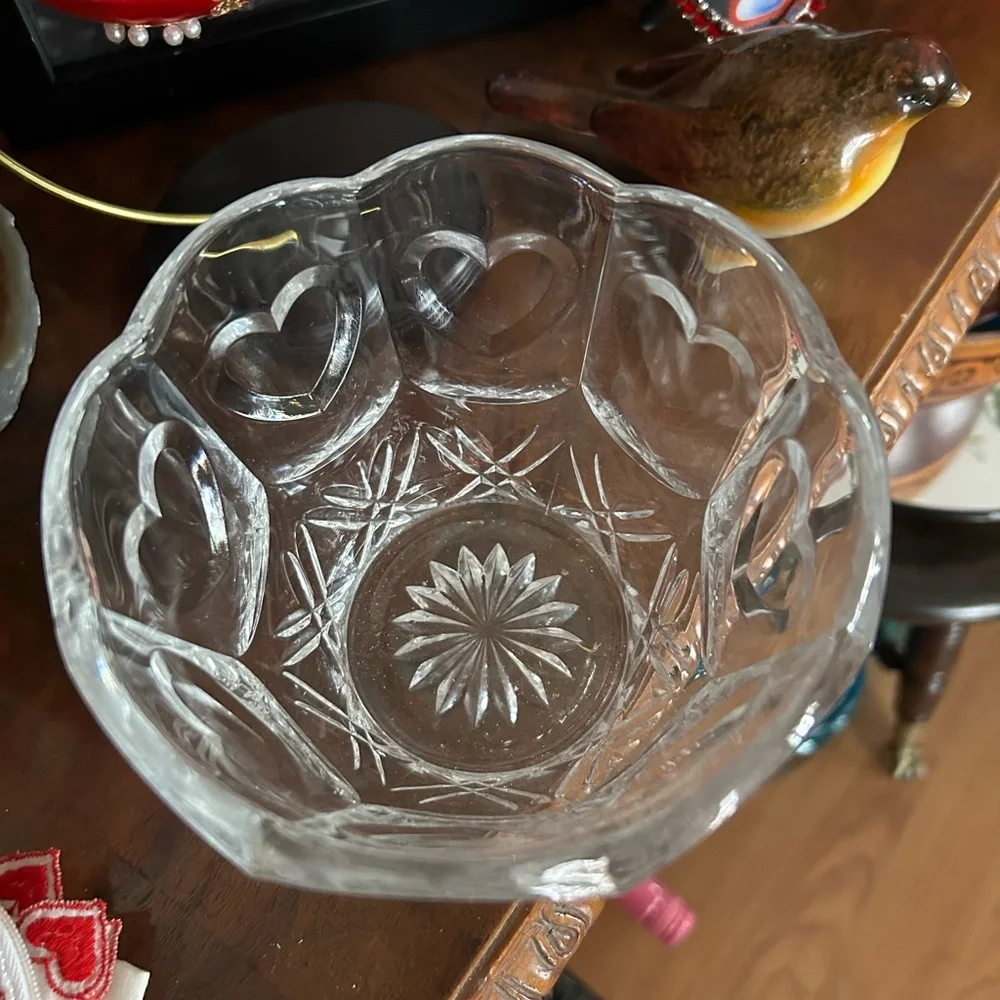 Vintage Crystal Heart Bowl With Scalloped Rim and Hearts Design